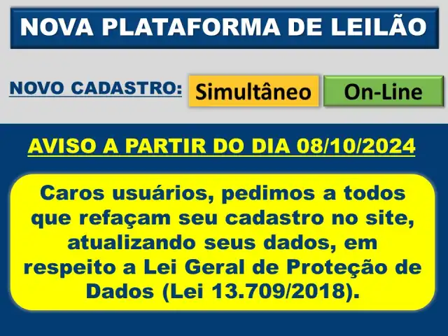NOVA PLATAFORMA DE LEILÕES / NOVO CADASTRO OBRIGATÓRIO