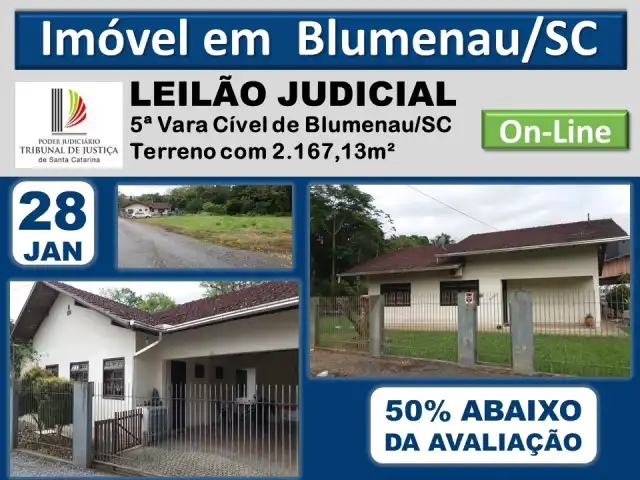 TERRENO URBANO, em Blumenau/SC, com 2.167,13m², edificado com uma CASA de ALVENARIA.