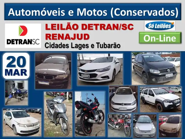 Leilão de Automóveis e Motocicletas, com documentos do DETRAN/SC/ RENAJUD