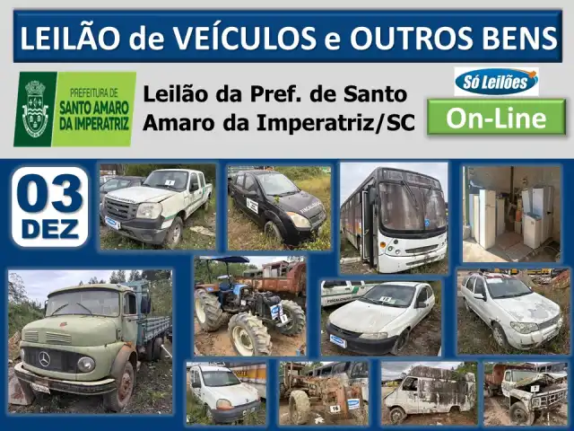 Leilão da Prefeitura de Santo Amaro da Imperatriz/SC (automóveis, caminhão, ônibus, utilitários, veículos baixados, sucatas de material ferroso, material eletrônico, eletrodomésticos, mobiliários, implementos agrícolas e outros bens)