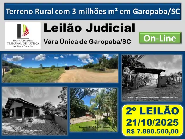 Terreno Rural em Garopaba/SC, com mais de 3.090 milhões de m² de área, com benfeitorias (ideal para criação de gado e plantação de arroz)