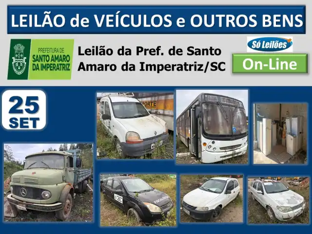 Leilão da Prefeitura de Santo Amaro da Imperatriz/SC (automóveis, caminhão, ônibus, utilitários, veículos baixados, sucatas de material ferroso, material eletrônico, eletrodomésticos, mobiliários, implementos agrícolas e outros bens)