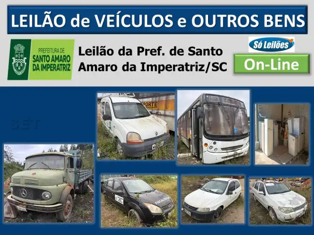 Leilão da Prefeitura de Santo Amaro da Imperatriz/SC (automóveis, caminhão, ônibus, utilitários, veículos baixados, sucatas de material ferroso, material eletrônico, eletrodomésticos, mobiliários, implementos agrícolas e outros bens)