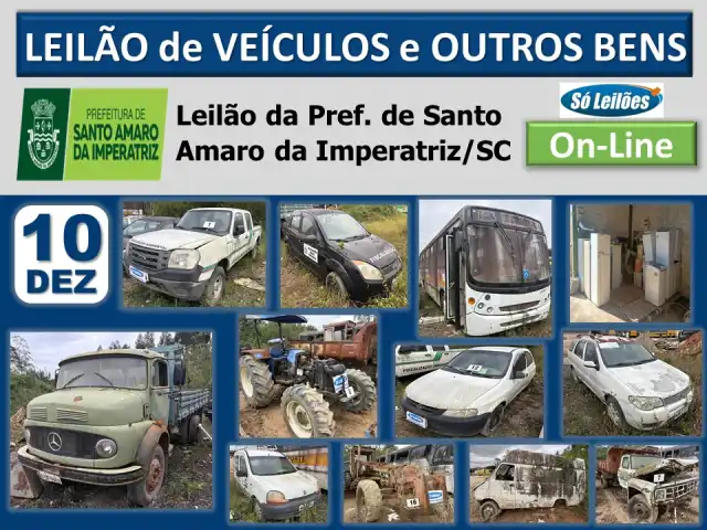 Leilão da Prefeitura de Santo Amaro da Imperatriz/SC (automóveis, caminhão, ônibus, utilitários, veículos baixados, sucatas de material ferroso, material eletrônico, eletrodomésticos, mobiliários, implementos agrícolas e outros bens)