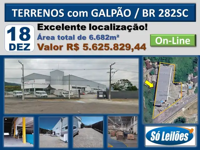 TERRENOS COM GALPÃO CONSTRUÍDO, AS MARGENS DA BR282/SC, KM19, Nº 566, PALHOÇA/SC.