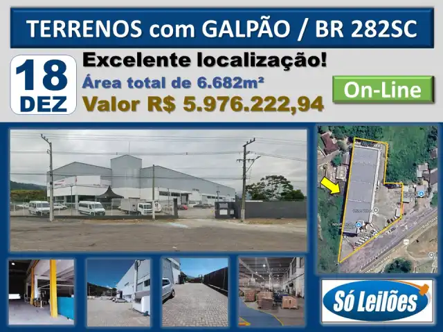 TERRENOS COM GALPÃO CONSTRUÍDO, AS MARGENS DA BR282/SC, KM19, Nº 566, PALHOÇA/SC.