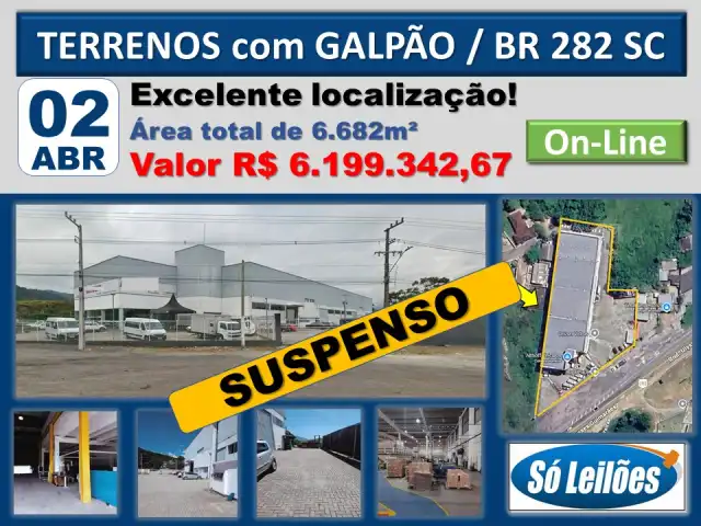 Leilão suspenso / TERRENOS COM GALPÃO CONSTRUÍDO, AS MARGENS DA BR282/SC, KM19, Nº 566, PALHOÇA/SC.