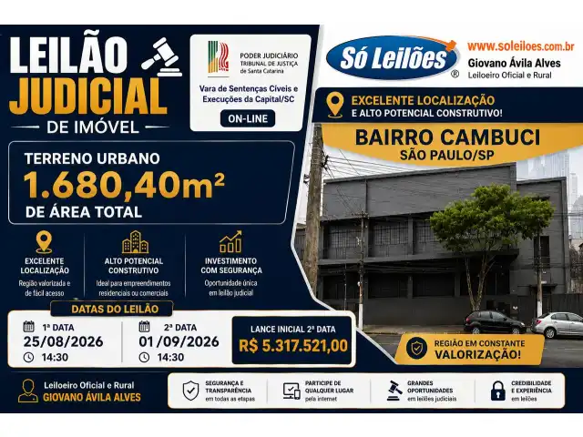 TERRENO COM 1.680,40m² de área, Bairro Cambuci, São paulo/SP
