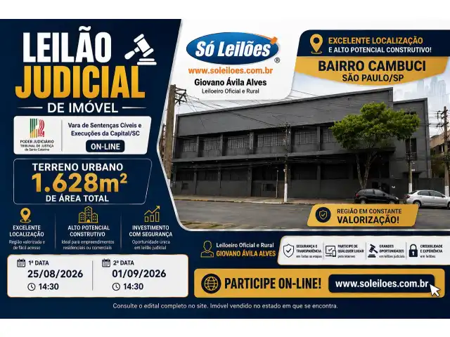 TERRENO COM 1.628,40m² de área, Bairro Cambuci, São paulo/SP