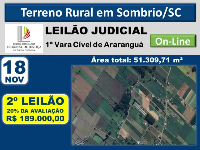 TERRENO RURAL, com uma área de 51.309,71m², Estrada Geral, em Campo D’ Água,  Sanga da Toca, Sombrio/SC,
