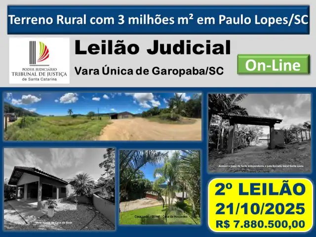 Terreno Rural em Paulo Lopes/SC, com mais de 3 milhões de m² de área, com benfeitorias (ideal para criação de gado e plantação de arroz)