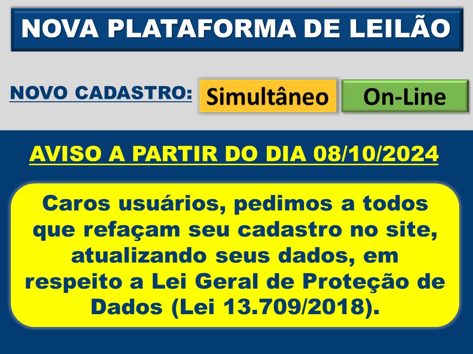 NOVA PLATAFORMA DE LEILÕES / NOVO CADASTRO OBRIGATÓRIO