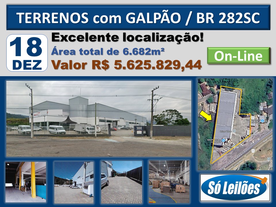 TERRENOS COM GALPÃO CONSTRUÍDO, AS MARGENS DA BR282/SC, KM19, Nº 566, PALHOÇA/SC.