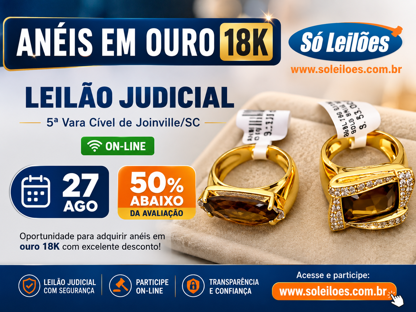 Dois anéis de ouro de 18k, com diamentes e pedra amestista